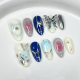10Pcs Handmade Press On Nails Full Cover 3D Metallic Butterfly Cat Eye French Almond False Nails Wearable Manicure Nail Tips Art