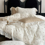 Vintage French Floral Lace Ruffles Pure Cotton Double Yarn Soft Princess Bedding Set Duvet Cover Bed Sheet Set Pillowcases 4Pcs