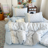 3pcs cotton Duvet Cover Set (1 Duvet Cover + 1 Pillowcase+1 flatsheet), Blue floral ruffled Bedding Set Soft Comfortable