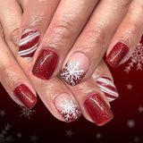 24pcs Christmas Square False Nails Gilded Lines White Short Ballet Press on Nails Tips Reusable Snowflake Pearl Design Fake Nail