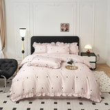Korean Pink Heart Duvet Cover Sets For Girls New Blue Dot Ruffles Bedding Sets 4PCS Queen Size for Bedroom Guest Room