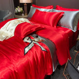 Solid Silk Bedding Set with Duvet Cover Bed Sheet Pillowcases Luxury King Single Double Couple Pillow Case Bedsheet