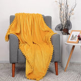 Flannel Fleece Blanket with Pompom Fringe Soft Microfiber Sofa Throw Fuzzy Plush Lightweight Gift Decorative Blanket Yellow Grey