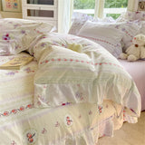 Flower Skin-friendly Washed Cotton Bedding Set Duvet Cover Set Korean Lace Ruffles Quilt Cover Soft Cover Bed Linen Pillowcases