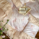 Organza Pleated Lace Edge Floral Butterfly Prints Princess Bedding Set 1000TC Egyptian Cotton Duvet Cover Bed Sheet Pillowcases