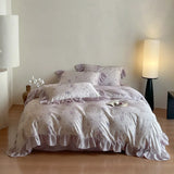 4Pcs Lyocell Soft Silky Cooling Summer Bedding Set Rose Floral Prints Ruffles Duvet Cover Set Bed Sheet/Fitted Sheet Pillowcases