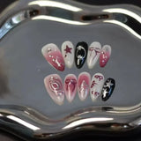 10Pcs Pink Handmade Press on Nails Full Cover Bow Tie Rhinestone Design French Almond Fake Nails Wearable Manicure Nail Tips Art