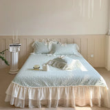 4Pcs Lace Ruffles Bow Wedding Bedding Set Pure Cotton Duvet Cover Set Double Layer Lace Quilted Bedspread Bed Sheet Pillowcases