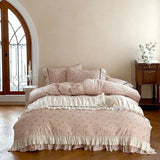 Vintage French Floral Pleated Lace Bedding Set Double Layer Crepe Yarn Pure Cotton Duvet Cover Flat/Fitted Bed Sheet Pillowcases