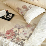 1000TC Egyptian Cotton Flowers Embroidery Pleated Edge Bedding Set Queen King Duvet Cover Flat/Fitted Bed Sheet Pillowcases 4Pcs