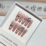 Sweet Handmade Press on Nails Long Coffin Heart Rhinestone Leopard Print Pink French Fake Nail Wearable Full Cover Nail Tips