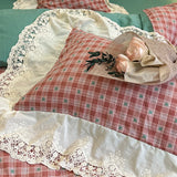 Vintage Plaid Pure Cotton double-layer yarn four-piece set French lace Bedding Set Duvet Cover Pillowcases Flat/Fitted Bed Sheet