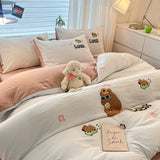 Cute Cartoon Pattern Embroidered Soft Bedding Sets Cozy Breathable Fitted Sheet Kit Kids Adults Bedroom Decor for Spring Summer