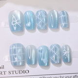 10 Pcs New Blue Dreamy Grid Press on Nails Cute Bowknot and Love Shape Cat's Eye Nail Patch Women Girls Detachable Fake Nails