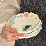 Cream Cheese Hand Drawn Patchwork Plaid Bow Cat Dessert Ceramic Bowl and Plate Gift Tableware