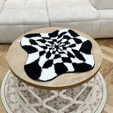 Abstract 3D Illusion Checkered Cloud Shape Tufted Rug - Handmade Modern Black and White Design - Fluid Art Porch Carpet