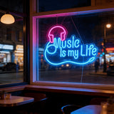 Music Is My Life Neon Sign, Blue & Pink LED Neon Light with Headphone & Note Design, USB Powered Wall Decor for Bar, Bedroom & Music Studio