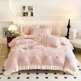 Korean Princess Style Flowers Lace Ruffles Bedding Set Comforter Queen King 4Pcs Duvet Cover Bed Sheet/Fitted Sheet Pillowcase