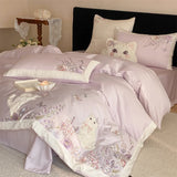 60S Egyptian Cotton Cute Cat Embroidery Purple Floral Butterfly Bedding Set Duvet Cover Bed Sheet/Fitted Sheet Pillowcases 3/4Pc