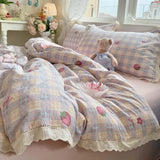 Korean Style Girly Heart Floral Double Layer Gauze Four-Piece Set Princess Style Lace Trim Quilt Cover Bed Sheet Dormitory