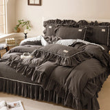 100% Cotton yarn-dyed Plaid Washed Cotton Ruffles Korean Princess Bedding Set Duvet Cover Quilted Bedspread Pillowcases 4Pcs