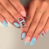 24pcs Simple French White Fake Nails Spicy Girl Polka Dot Design Long Almond False Nail Tips Wearable Head Round Press on Nails