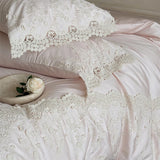 1000TC Egyptian Cotton French Hollow Lace Patchwork Princess Pink Bedding Set Duvet Cover Flat/Fitted Bed Sheet Pillowcases 4Pcs