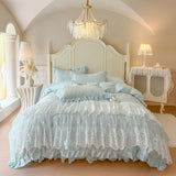 4/6Pcs Princess Wedding Bedding Set 600TC Egyptian Cotton Double Layer Lace Ruffles Duvet Cover Bed Skirt Bedspread Pillowcases