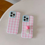 Korean INS Pink Checker Matte Double Layers Ring Strap Phone Case for iPhone 16 15 14 13 Pro Max Back Cover for 12 Pro Funda