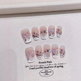 10Pcs Pink Coffin Handmade Press On Nails 3D Rhinestone Fake Nail with Butterfly Full Cover Pearl Wearable Artificial Nail Tips