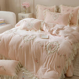 4Pcs Korean Princess Style Bedding Set Rose Flowers Embroidery French Lace Ruffles Milk Velvet Duvet Cover Bed Sheet Pillowcases
