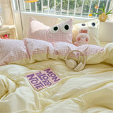 Cute Big Eyed Four Piece Set Plaid Duvet Cover Set With Sheet Bedroom Decor Skin Friendly Single Double Bedding Set Home Textile