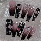 10Pcs Handmade Press on Nails Long Coffin Love Rhinestone Bow Design Fake Nails French Ballerina Wearable Full Cover Nail Tips