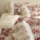 Vintage Rose Flowers Prints Lace Ruffles Lyocell Soft Silky Bedding Set Duvet Cover Bed Sheet/Fitted Sheet/Bed Skirt Pillowcases