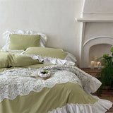 French Romantic 100% Cotton Washed Cotton Bedding Set White Flowers Lace Ruffles Duvet Cover Bed Skirt Pillowcases 4Pcs