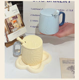 Nordic Style Solid Ceramic Cup Creative Wood Grain Handgrip Cups Household Cute Breakfast Milk Mug Fashion Office Coffee Mugs