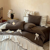 Vintage Double Layer Bow Princess Bedding Set 20% Linen And 80% Cotton Duvet Cover Set Flat/Fitted Bed Sheet Pillowcases 4Pcs