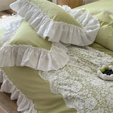 French Romantic 100% Cotton Washed Cotton Bedding Set White Flowers Lace Ruffles Duvet Cover Bed Skirt Pillowcases 4Pcs