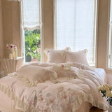 Flowers Embroidery Lace Ruffles Wedding Bedding Set Lyocell Silky Cooling Duvet Cover Set Flat/Fitted Bed Sheet Pillowcases 4Pcs
