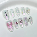 10Pcs Aurora Pink Almond Handmade Press On Nails Full Cover Bowknot Design French Fake Nail Artificial Manicure Wearable Nails