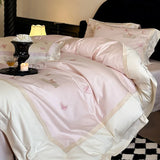 4Pcs Light Luxury Style Girlish Heart 100% Cotton Butterfly Embroidered Pink Cotton Duvet Cover 200x230 220x240 Four Seasons