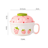 Kawaii Strawberry Ramen Bowl With Lid Ceramics Cute Fruit Soup Salad Instant Noodles Large Bowl Home Kitchen Tableware 700ml