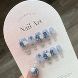 10Pcs Blue Handmade Press On Nails Gradient Flower with Rhinestones False Nails Ballerina Fake Nails Decoration Nail Tips Art