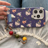 Ins floral cat cute leather cover for iphone 15pro 16Pro 14promax 13promax 14 13 15 16 pro max colorful chain rope phone case