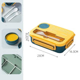 Student and office worker-friendly compartmentalized lunch box with fork and spoon, suitable for microwave use