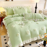 Korean Princess Style Flowers Lace Ruffles Bedding Set Comforter Queen King 4Pcs Duvet Cover Bed Sheet/Fitted Sheet Pillowcase