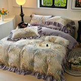 Korean Style Bedding Set 100% Cotton Green Flowers Printed Princess Duvet Cover Sets Fitted Bed Sheet Pillowcases Home Textile