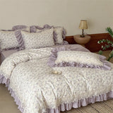 Vintage Floral 100% Cotton Double Gauze Soft Bedding Set Duvet Cover with Crochet Lace & Ruffle Trim, Bed Sheet Pillowcases 4Pcs