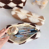 Fashion Plush Stripe Style Pencil Case Large Capacity Pen Bag Cosmetic Pouch Storage Box Student School Stationery Supplies