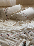 Vintage French Large Lace Ruffles Floral Embroidery Linen Cotton Bedding Set Duvet Cover Flat/Fitted Bed Sheet Pillowcases 4Pcs